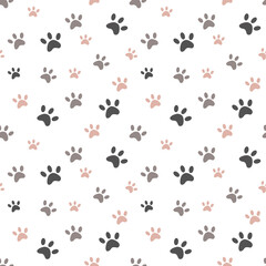 Seamless animal paw print pattern. Simple design with black, gray and soft pink paws.