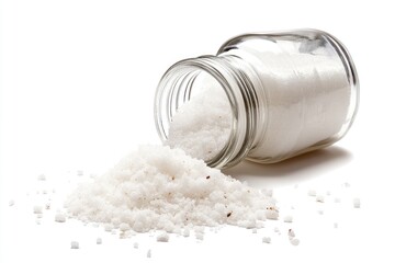 A glass jar of white powder, tipped over, spilling onto a white background