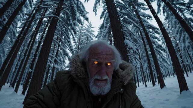 Pale-eyed man stands in snow-laden woods, elder werewolf baring savage aura, elder werewolf battling primal instincts, elder werewolf commanding eerie presence. Concept for supernatural drama.