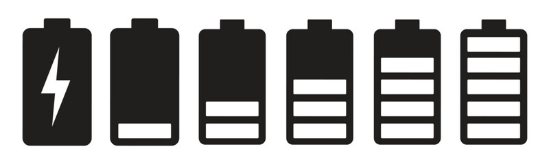 Battery charging indicator icon in white background. Fully charged and discharged battery in 0 to 100 % level icon. Vector illustration.