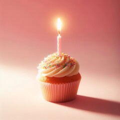 Single cupcake with lit candle. Celebrate birthday, party, anniversary.