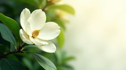 Fototapeta premium A Delicate White Magnolia Blossom in Soft Sunlight, Gracefully Displayed Amongst Lush Green Foliage, Evoking a Sense of Tranquility and Natural Beauty