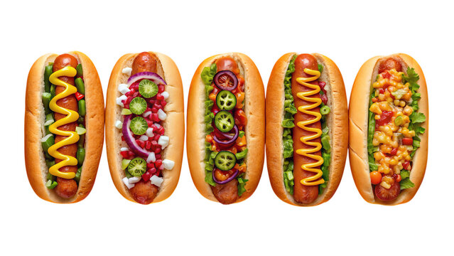 Five gourmet hot dogs showcasing vibrant toppings and unique flavor combinations, each a culinary masterpiece against a crisp white background.