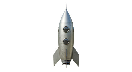 Isolated Silver Vintage Rocket Ship with Portholes and Fins