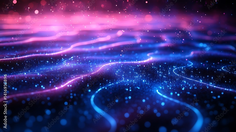 Poster futuristic neon light waves, abstract neon light waves on a dark background, creating a futuristic a