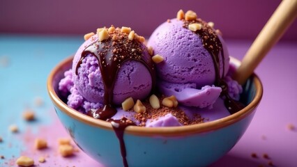 Delicious Purple Ice Cream Scoops with Chocolate Sauce and Toppings in a Bowl