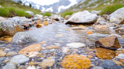 Crystal-clear mountain stream.  Rocky shallows.  Close-up