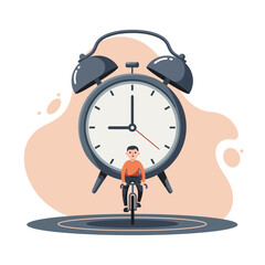 Young man riding bicycle in front of large vintage alarm clock symbolizing time management and daily routine balance in minimalist style