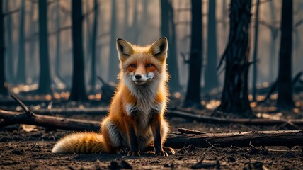 Small fox sits in fire-ravaged forest. Scorched earth, destroyed trees, and the aftermath of a wildfire.