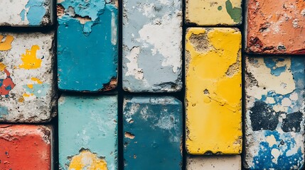 Rustic charm of aged concrete bricks with vibrant paint peeling detail