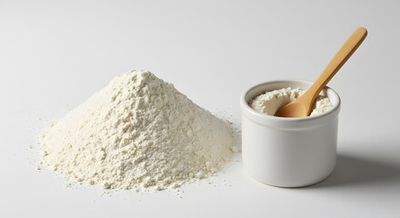 Pile of White Flour with Wooden Spoon in a Ceramic Bowl on a White Surface in Bright Studio Lighting