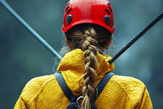 Rear view of a woman in protective gear, prepared for an outdoor activity.