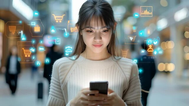 Smartphone user: modern shopper, stylish female, online retail, handheld gadget, payment method, digital choice, checkout option, browsing clip, trendy apparel, tech engagement, mobile commerce