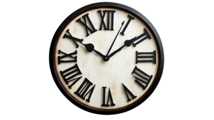 classic wall clock with Roman numerals cut out on white background