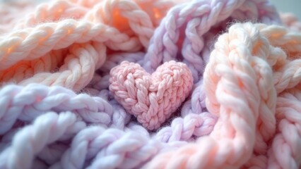 A delicate pink crocheted heart nestled within a soft, pastel-colored yarn arrangement, showcasing the textures and shades of hand-crafted fiber art