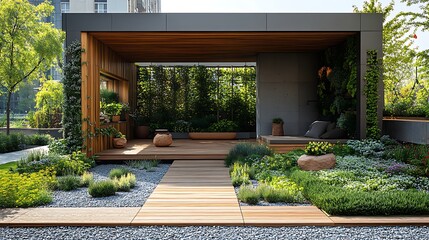 Obraz premium Contemporary home surrounded by green foliage and plants high resolution image