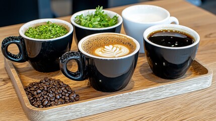 Coffee Tasting Espresso Variations with Herbs and Milk on Wooden Tray