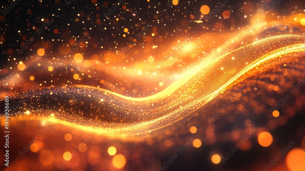 Poster abstract shimmering golden wave pattern with glowing particles and light trails