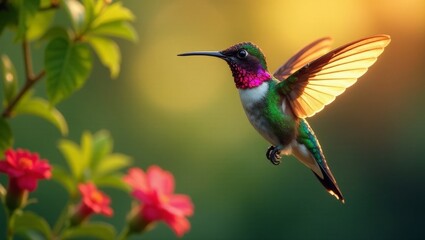 Fototapeta premium A Vibrant Hummingbird in Flight, Bathed in Golden Sunlight, Near Delicate Blossoms