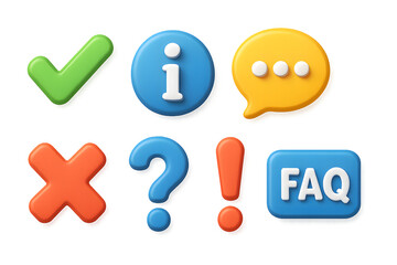 3d icon set of check mark, information icon chat, question mark, exclamation point, FAQ sign. Tick, question, information and answers mark. Vector Illustrations.