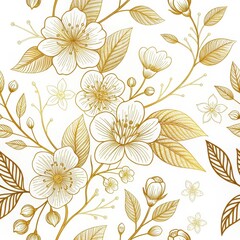 Elegant floral pattern with golden outlines on white background, sophisticated and artistic design