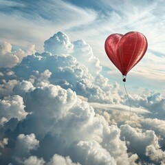 Fototapeta premium Red heart-shaped hot air balloon floating above fluffy clouds, romantic and whimsical mood in the sky
