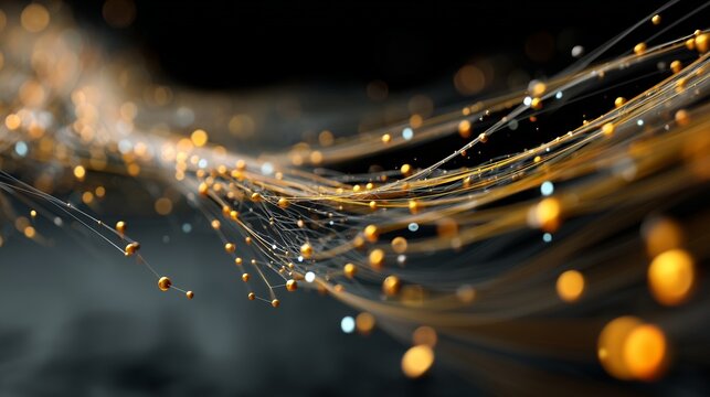 Abstract binary code network with glowing gold particles and thin connecting strands, elegant and futuristic, high-quality digital illustration.