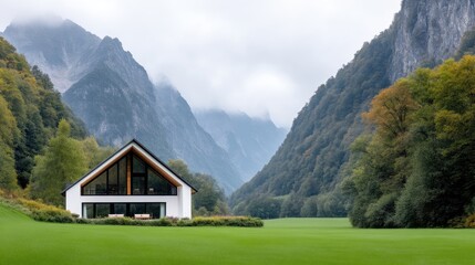 Modern chalet nestled amidst majestic mountains, surrounded by lush greenery and a vast grassy expanse