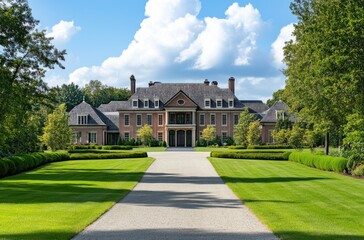 An elegant countryside mansion with a long driveway,