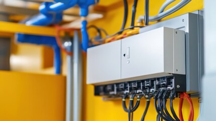 Detailed shot of solar inverter connected to electrical cables in a clean energy setup
