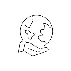 Human Environmental Protection Line Icon. World Environment Conservation Linear Pictogram. Hand Holding Earth Planet Outline Icon. Save Global Nature. Editable Stroke. Isolated Vector Illustration.