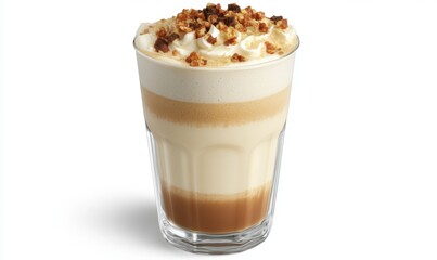 Layered coffee drink with whipped cream and nuts, studio shot, beverage, dessert