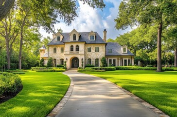 Obraz premium An elegant countryside mansion with a long driveway,