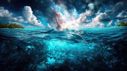 Obraz premium Cosmic ocean scene with a shipwreck under a starry sky