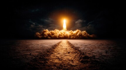 Dramatic rocket launch against a starry night sky