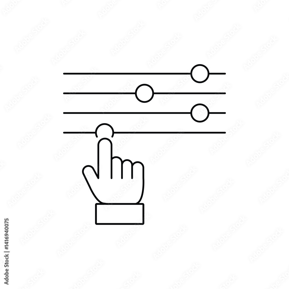 Poster control panel and pointer line icon. adjustment button with hand linear pictogram. control panel out