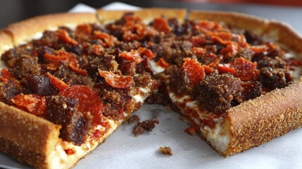 A half-eaten pizza showcasing its layered crust and generous toppings - fresh lovers pizza onion party