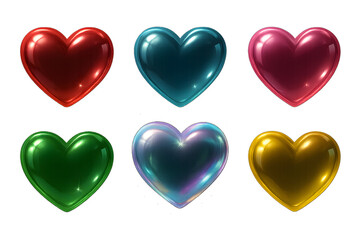 set of glass transparent hearts in different colors, realistic soap bubble in the shape of a heart