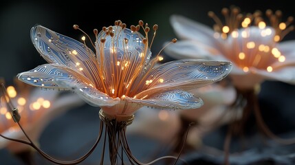 Flowers with petal-like circuit boards, roots forming neural pathways, glowing pollen particles
