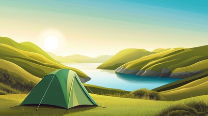 Tent pitched near lake with sunny hills backdrop, idyllic camping scene
