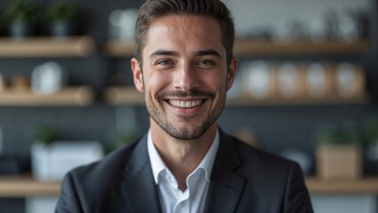 Obraz premium Smiling confident businessman looking at camera webcam making a conference video call. Corporate work remote meeting interview concept