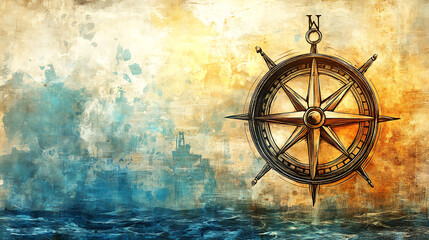 Fototapeta premium Vintage style compass rose illustration on aged paper background with ocean.