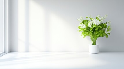 Fototapeta premium Simple, bright, modern interior. White flower pot with white blossoms, greenery. Sunlight streams through a window