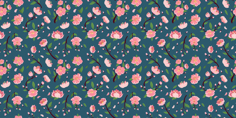 Chinoiserie pattern. Sakura flower. Japanese Seamless background design for nature spring. Landscape with cherry blossom, floral garden print. Wrapping paper, wallpaper. Vector blooming tidy branch