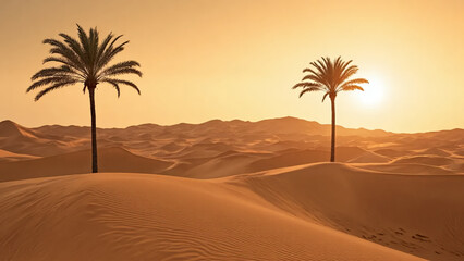 Two Palm Trees Silhouetted Against a Desert Sunset with Rolling Sand Dunes