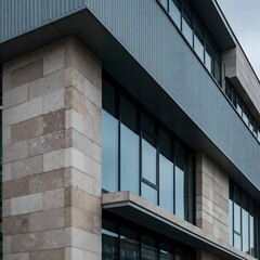 Obraz premium Modern Architecture Building Facade with Stone and Glass Design Details, Exterior, Cloudy Sky.