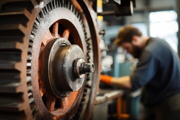 Industrial machinery close-up with male engineer in workshop