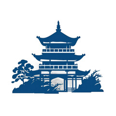 Naklejka premium A serene blue silhouette of a traditional pagoda surrounded by stylized trees, set against a tranquil landscape, ideal for cultural themes , isolated on white or transparent png