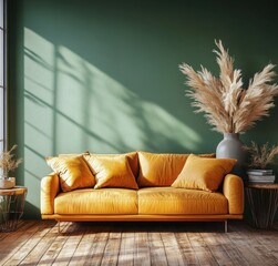 Stylish yellow couch against green wall with decorative vases and natural light creating a serene living room atmosphere