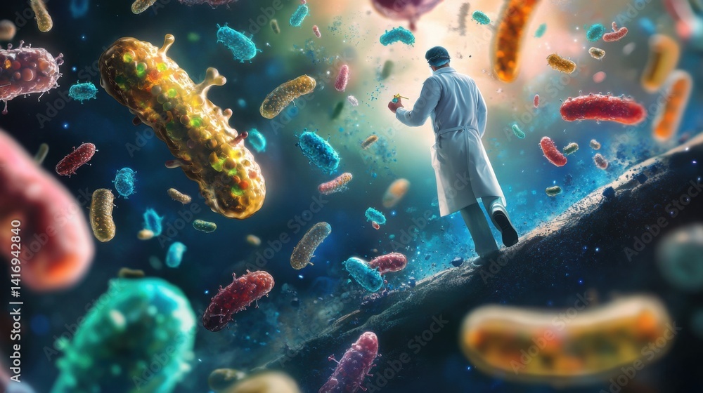 Poster scientist exploring a world of bacteria in a surreal cosmic environment during an imaginative labora